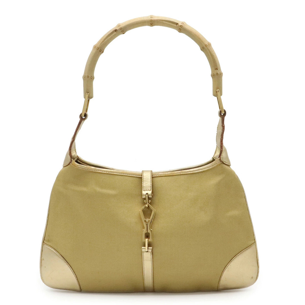Gucci Bamboo Jackie Shoulder Bag Handbag Gusset Canvas Leather Gold